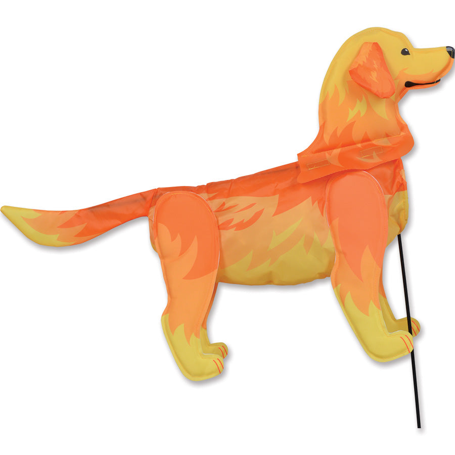 Windicator - Golden Retriever colorful windsock displayed in a yard, moving with the wind and showcasing a playful golden retriever design.