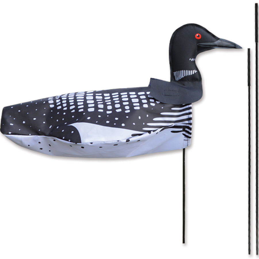 Windicator Recumbent Bike Flag featuring a colorful loon design, inflated in 3D shape on a recumbent bicycle for enhanced visibility.