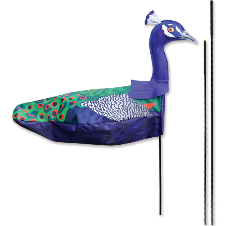 Vibrant Windicator Recumbent Bike Flag in peacock design, 3D inflated shape displayed on a recumbent bike outdoors.