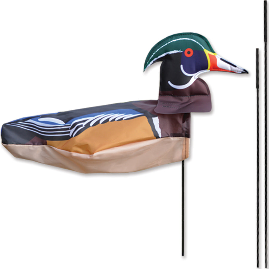 Windicator Recumbent Bike Flag in Wood Duck design, measuring 22x11 inches, inflating in the breeze on a recumbent bike for visibility.