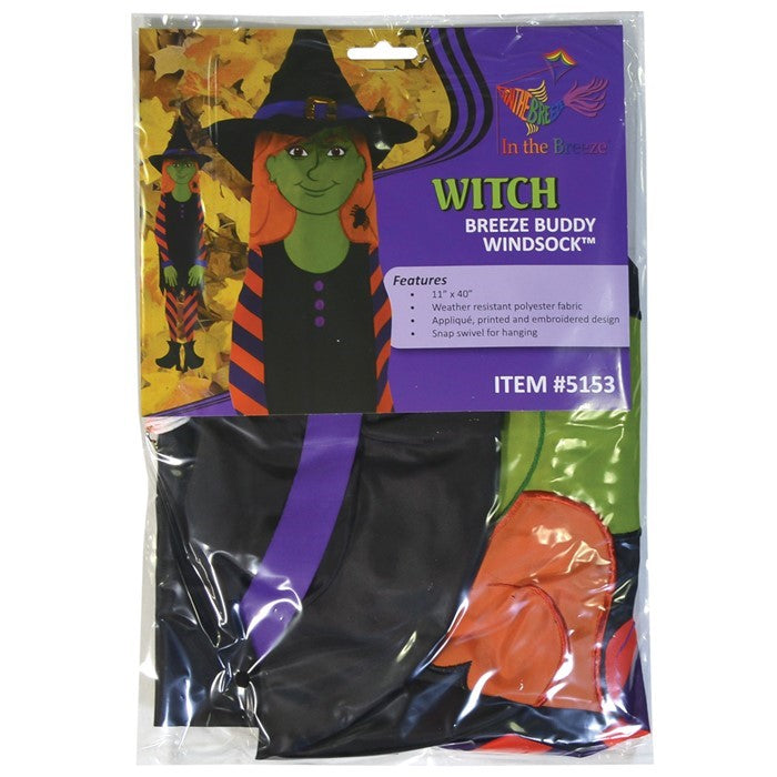 Witch 40-inch Breeze Buddy windsock with flowing arms and legs displayed outdoors, capturing the spirit of Halloween excitement.