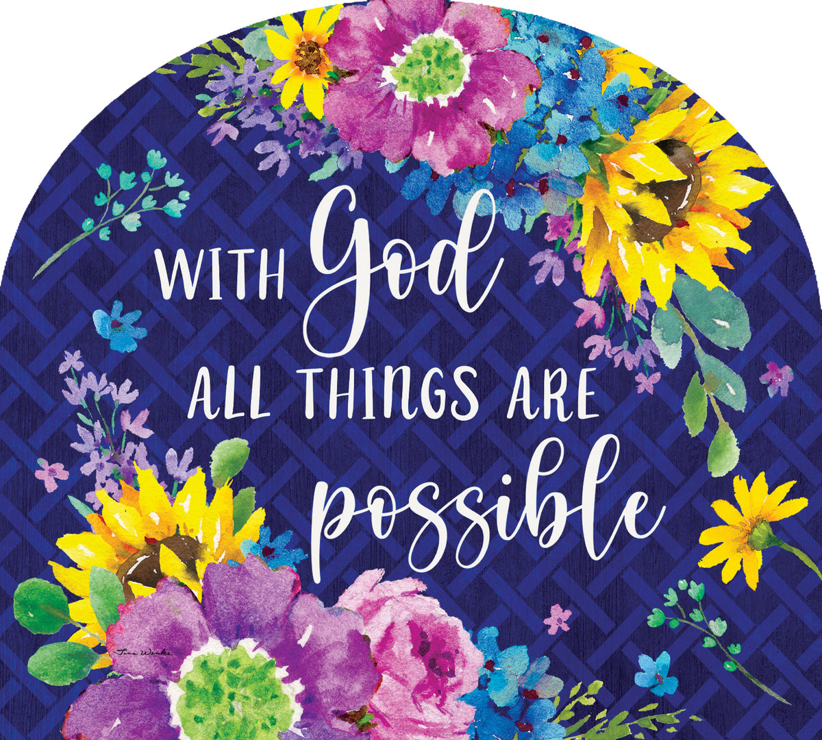 With God Arbor Mate decorative panel in weather-resistant PVC, featuring an inspirational quote, displayed in a front yard garden setting.