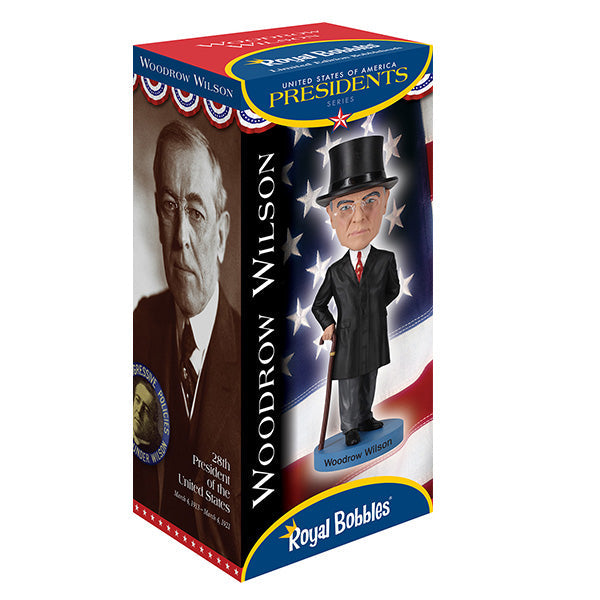 Woodrow Wilson Bobblehead standing 7 inches tall, featuring detailed craftsmanship, suitable for history enthusiasts and collectors.