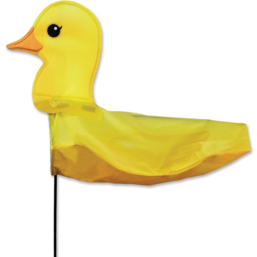XL Windicator Weather Vane - Rubber Duck on a fiberglass pole, inflated and swaying in the wind, adding fun decoration to a colorful garden.