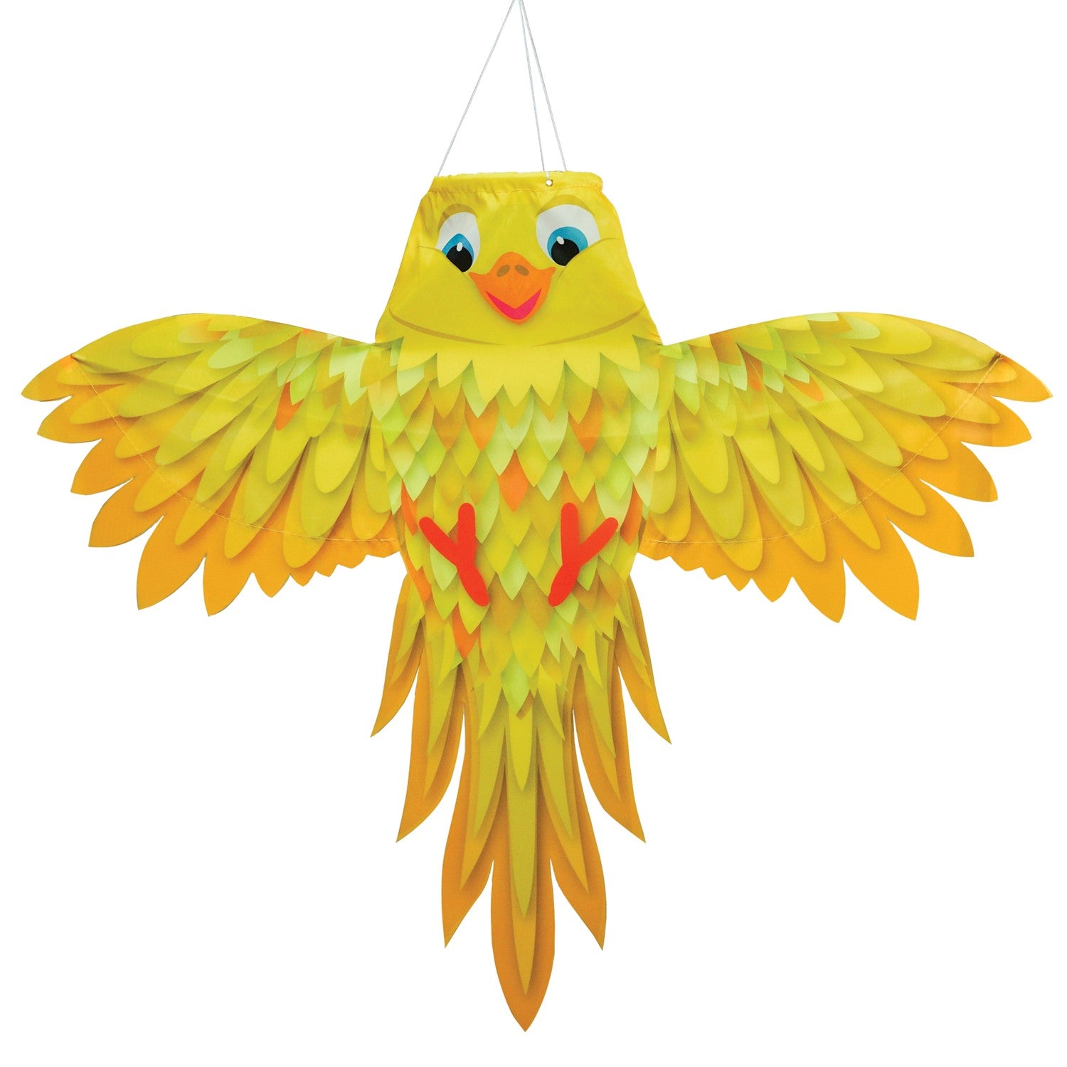 Yellow Bird Windsock in vibrant yellow with outstretched wings, designed for outdoor hanging, swaying beautifully in the breeze.