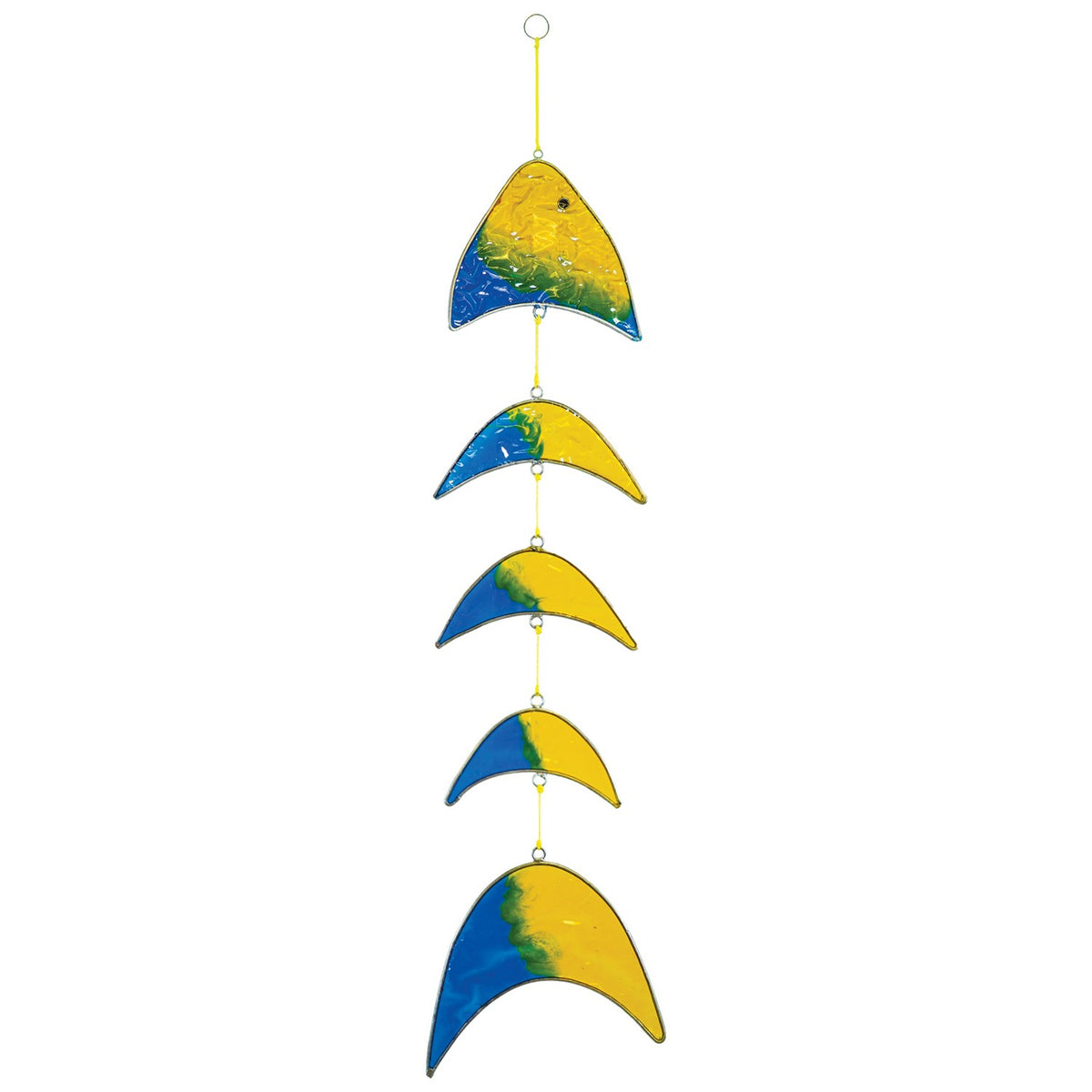 Yellow & Blue Resin Fish Mobile beautifully reflects sunlight, showcasing vibrant colors in a unique hanging design-great for porches and outdoor spaces.