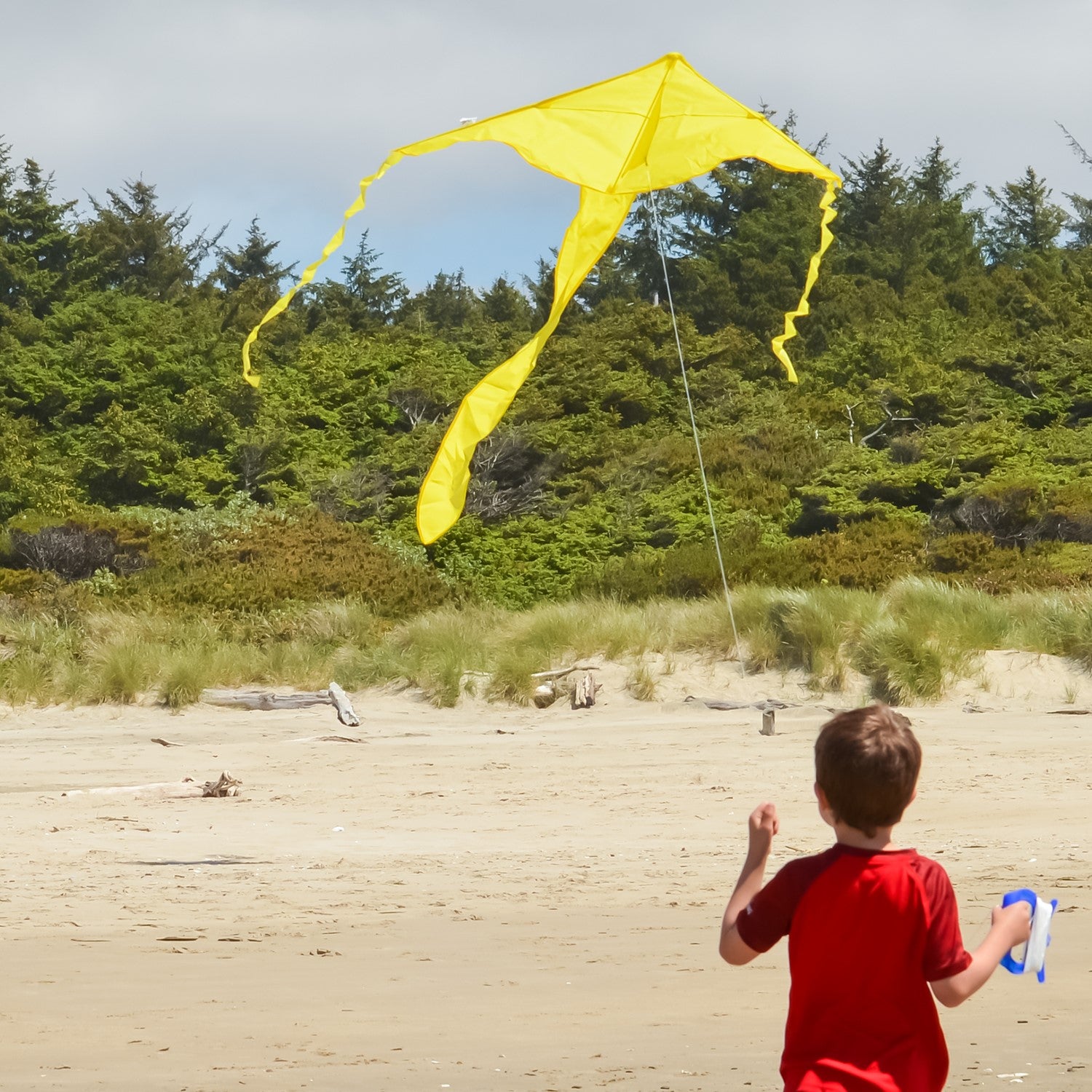 Yellow Colorfly 43" Fly-Hi Kite soaring in the sky with a bright blue background, ideal for novice kite flyers and outdoor fun.