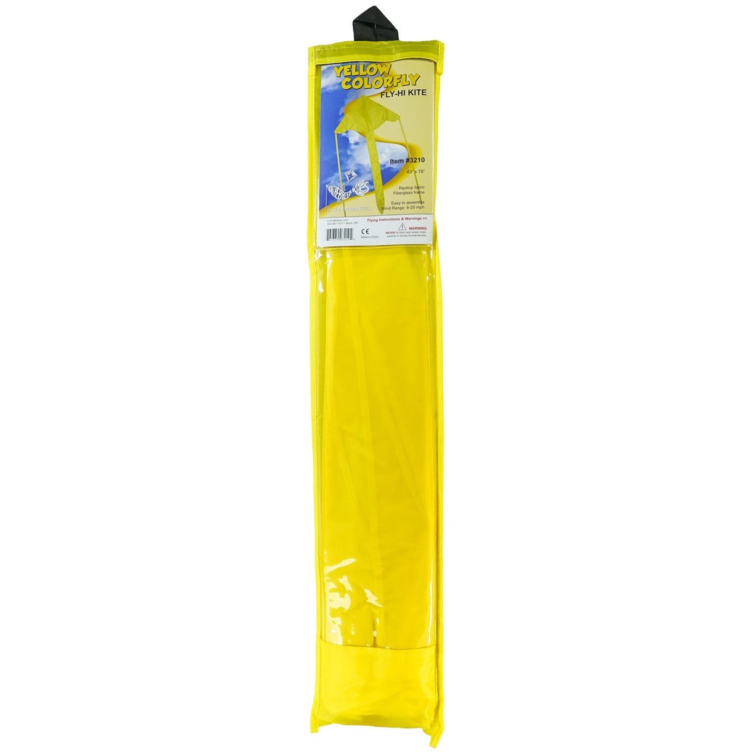 Yellow Colorfly 43" Fly-Hi Kite soaring in the sky with a bright blue background, ideal for novice kite flyers and outdoor fun.