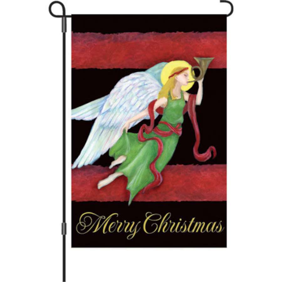 12 in. illuminated Yuletide Angel garden flag with 'Merry Christmas' text displayed outside, glowing gently in a winter yard.