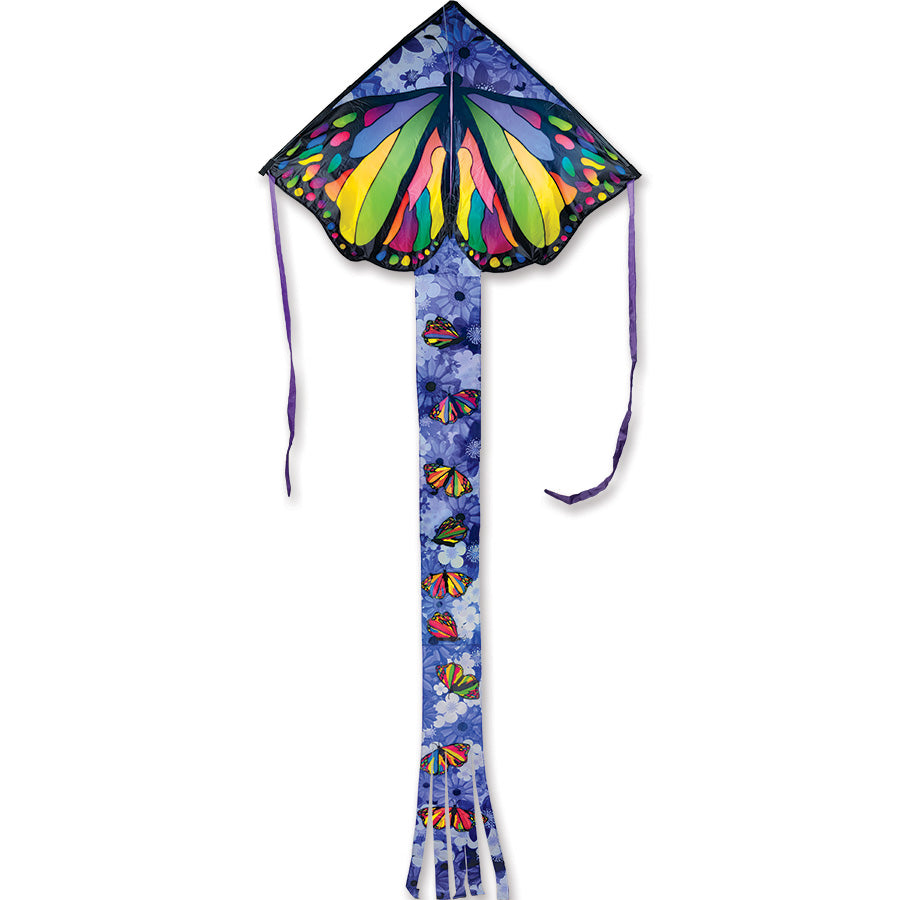 Zephyr Kite in vibrant Butterfly design soaring in the sky, showcasing its large size and durable construction against a clear backdrop.