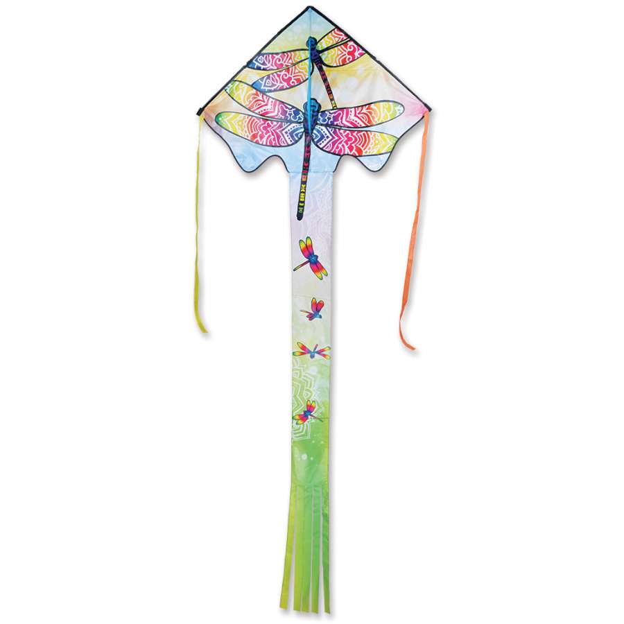 Zephyr Kite - Dragonflies measuring 64x165 inches, featuring vibrant dragonfly graphics flying high in a clear blue sky.