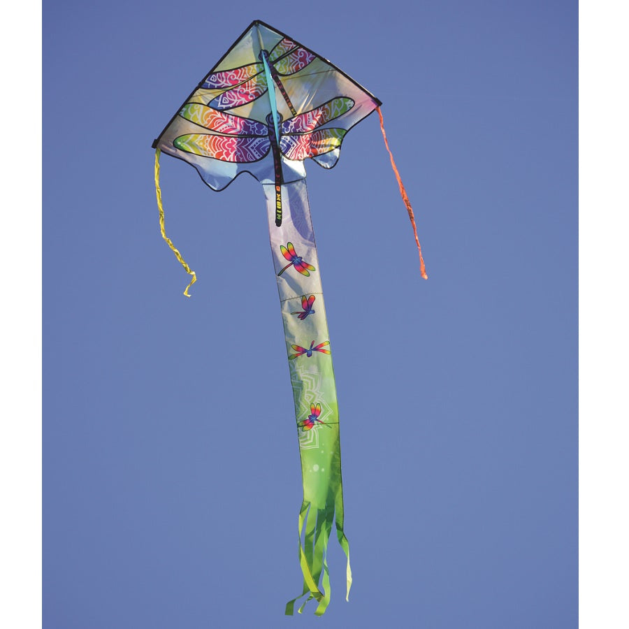 Zephyr Kite - Dragonflies measuring 64x165 inches, featuring vibrant dragonfly graphics flying high in a clear blue sky.