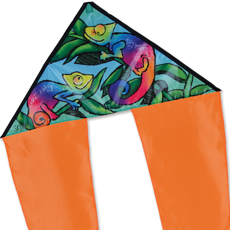 Zippy Flo-Tail Delta Kite in vibrant chameleon design soaring in the sky, featuring long flowing tails for an enchanting display.