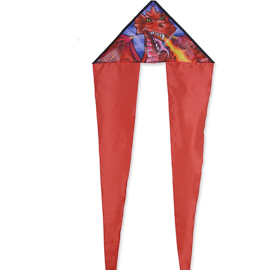 Zippy Flo-Tail Delta Kite - Dragon flying in the sky, showcasing its vibrant design and long tail against a clear blue backdrop.