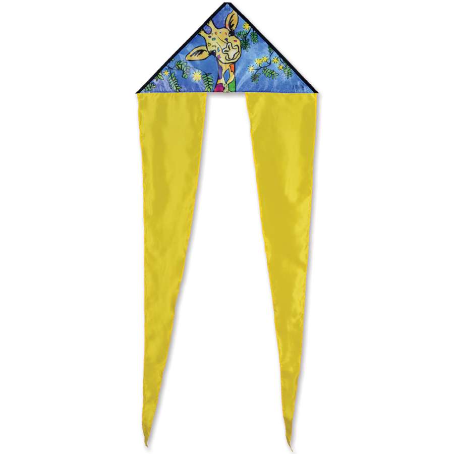 Zippy Flo-Tail Delta Kite featuring a vibrant giraffe design soaring in the sky, measuring 24.5 x 61 inches, perfect for family outings.