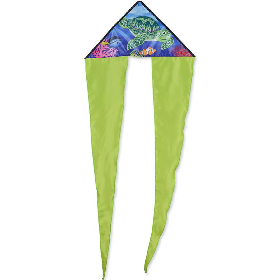 Zippy Flo-Tail Delta Kite with vibrant sea turtle design in the sky, measuring 24.5 x 61 inches, floating gracefully with a long tail.