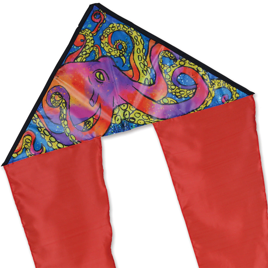 Zippy Flo-Tail Delta Kite - Octopus in bright colors flying gracefully against a clear blue sky with long flowing tails.