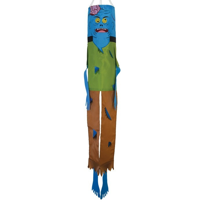 Colorful Zombie 40" Breeze Buddy Halloween decoration with free-flowing arms and legs, displayed outdoors swaying in the breeze.