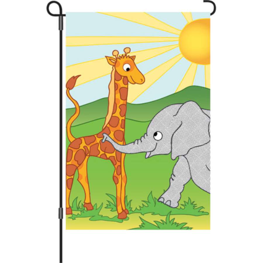 Zoo Pals garden flag featuring colorful animal designs displayed outdoors, ready to celebrate autumn vibes in a cheerful garden setting.