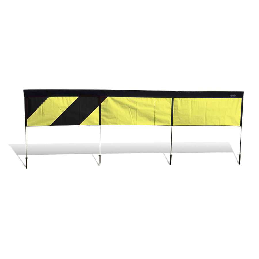 10.5 ft. Jump Over FPV Racing Air Gate in yellow and black set up outdoors with ground stakes for secure mounting.