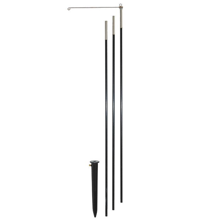 10 FT 3-Section Heavy Duty Pole with a swiveling arm for outdoor use, showcasing a colorful feather banner in an outdoor setting.