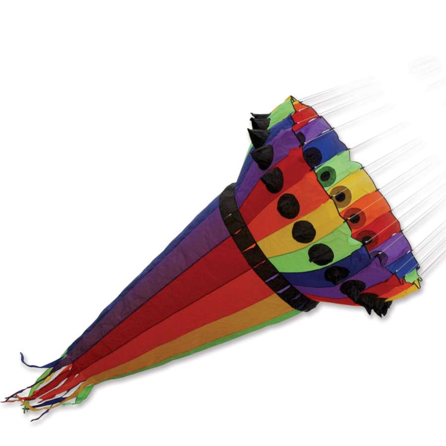 10 ft. Rainbow Wind Cone with vibrant colors fluttering in the wind, creating a stunning visual display in an outdoor garden setting.
