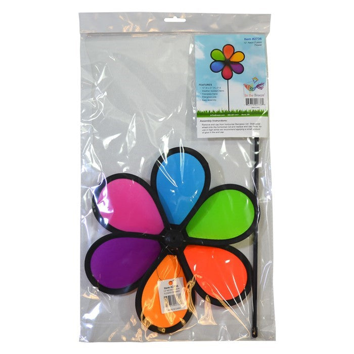 10-inch Neon Fusion Flower Spinner featuring a colorful flower wheel on a fiberglass pole, spinning in an outdoor garden setting.