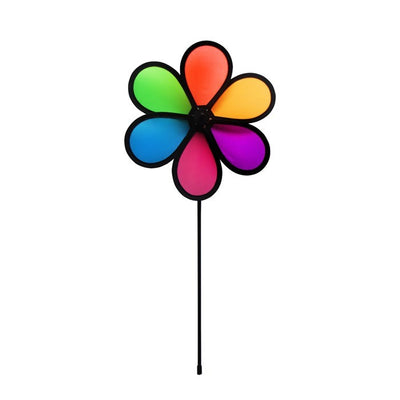 10-inch Neon Fusion Flower Spinner featuring a colorful flower wheel on a fiberglass pole, spinning in an outdoor garden setting.