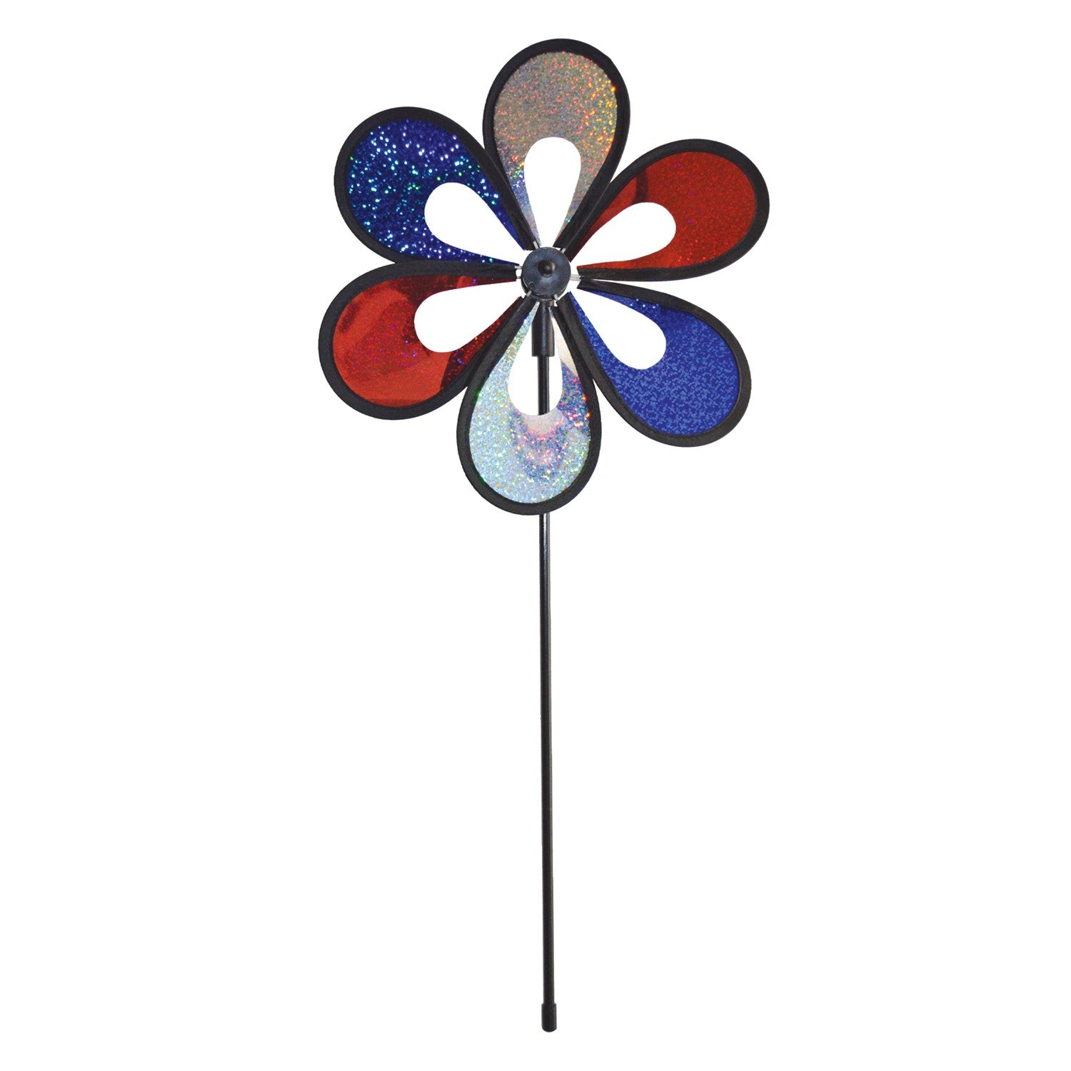 10' Red, White and Blue Mylar Windee Wheelz Spinner with vibrant petals creating an eye-catching spin, displayed outdoors on a sunny day.