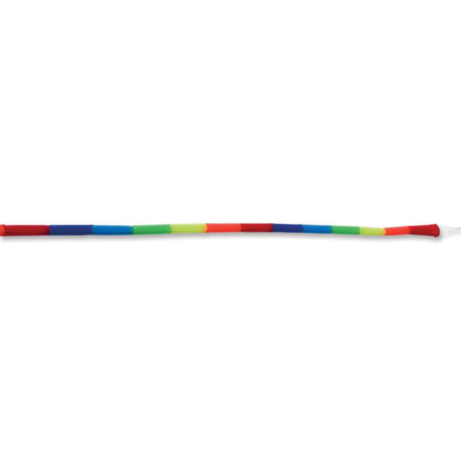 100 ft. Tube Tail in vibrant rainbow colors flowing gracefully in the wind, showcasing its lightweight and colorful design outdoors.