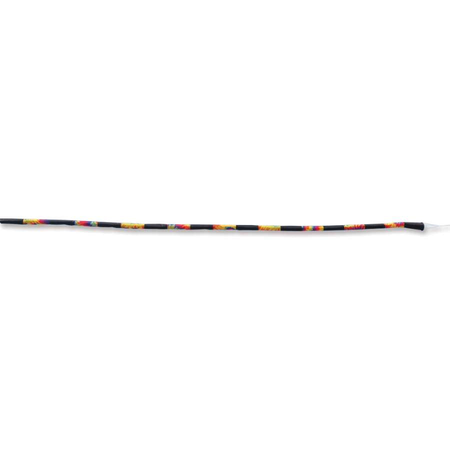 Colorful 100 ft. Tube Tail - Tie Dye dancing in the wind, attached to a kite line, showcasing its vibrant pattern in a sunny outdoor setting.