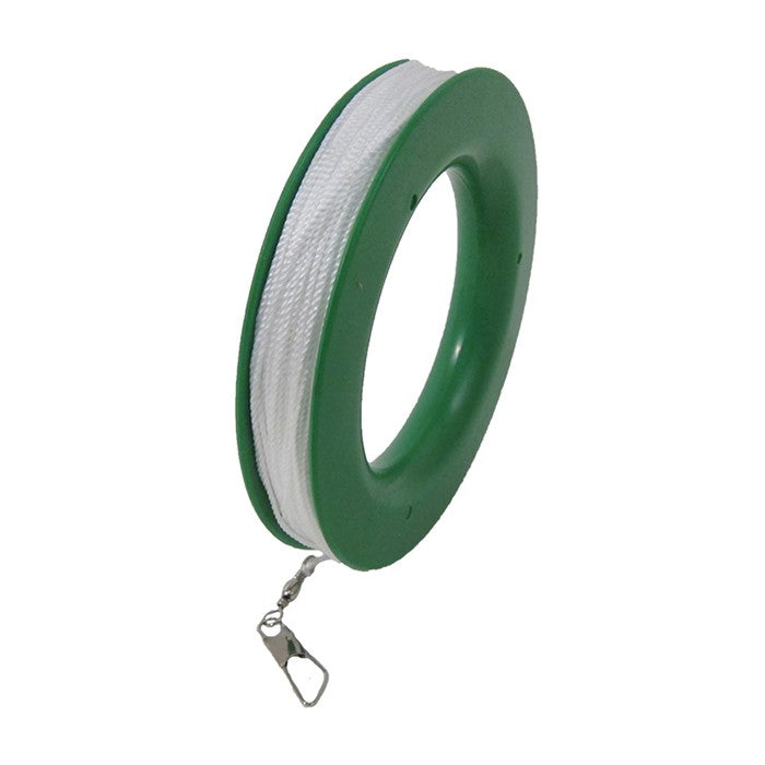 100 LB x 300' Kite Line on Hoop made from twisted polyester, green plastic hoop with an attached snap swivel, perfect for kite flying.