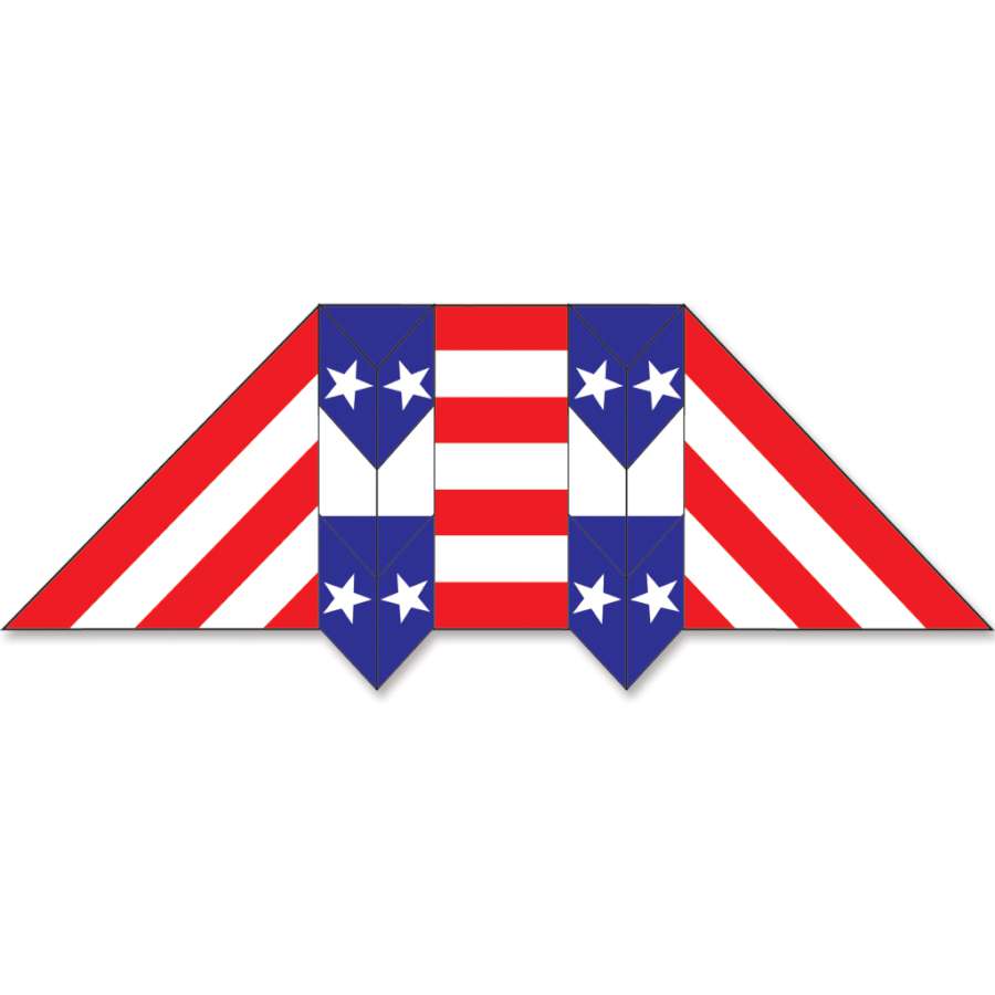 10.5 ft. Double Box Kite in patriotic colors soaring against a clear blue sky, showcasing its impressive size and box delta design.