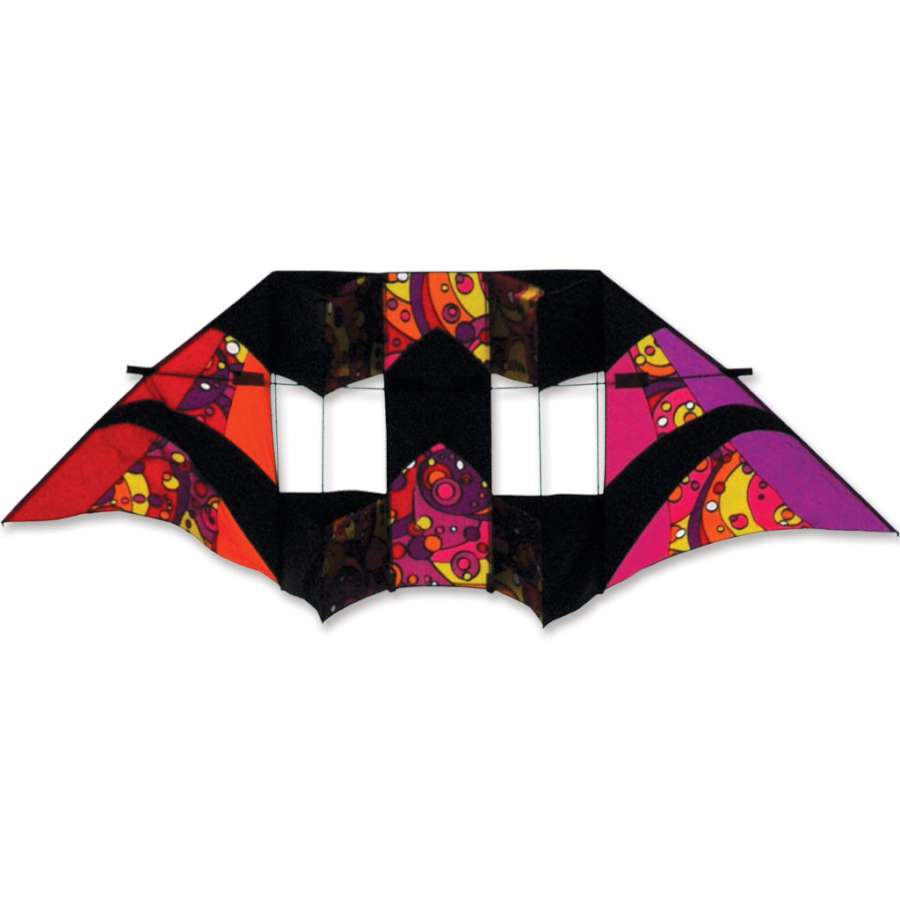 10.5 ft Double Box Kite - Warm Orbit flying high in a clear blue sky, showcasing its vibrant colors and stable design, perfect for outdoor fun.