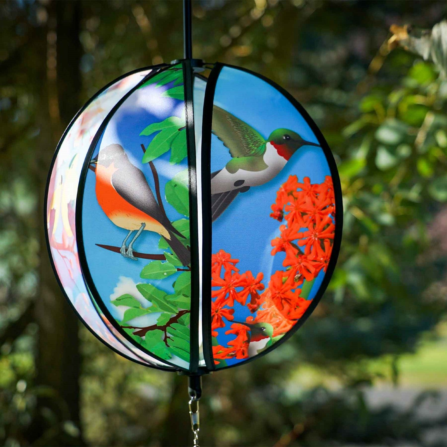 Colorful 11" Bird Hanging Ball Spinner featuring printed bird designs and bright tail, perfect for adding playful motion to your outdoor decor.