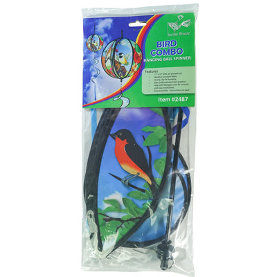 Colorful 11" Bird Hanging Ball Spinner featuring printed bird designs and bright tail, perfect for adding playful motion to your outdoor decor.