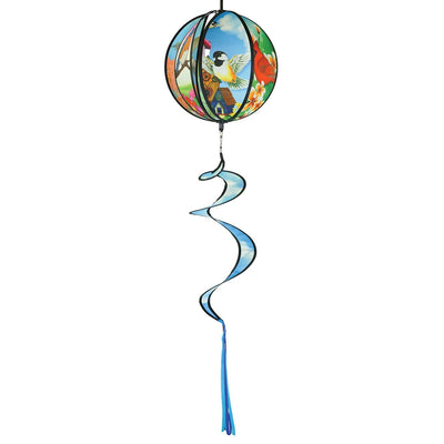 Colorful 11" Bird Hanging Ball Spinner featuring printed bird designs and bright tail, perfect for adding playful motion to your outdoor decor.