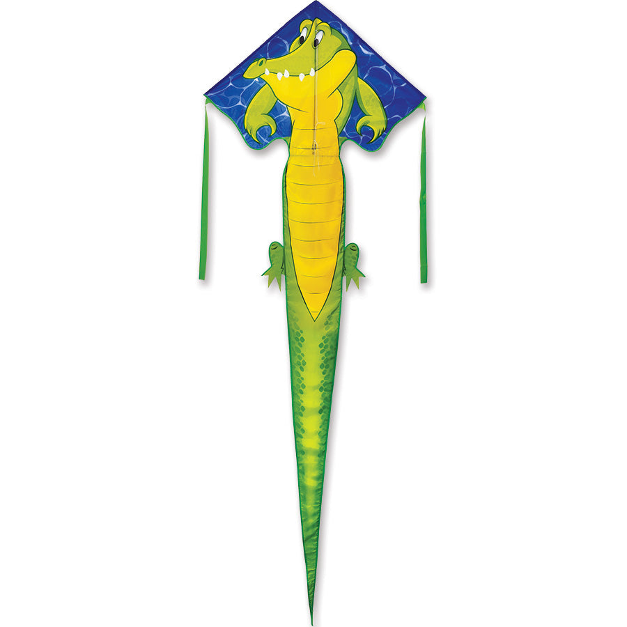 11 ft. Alligator Kite featuring vibrant alligator design, shown flying in a clear blue sky, creating a fun outdoor atmosphere for families.