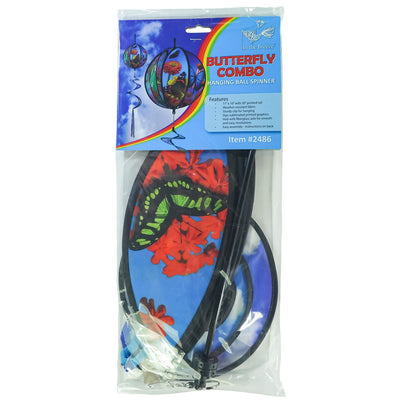 11-inch butterfly hanging ball spinner with six colorful butterfly design panels spinning in a garden setting on a sunny day.