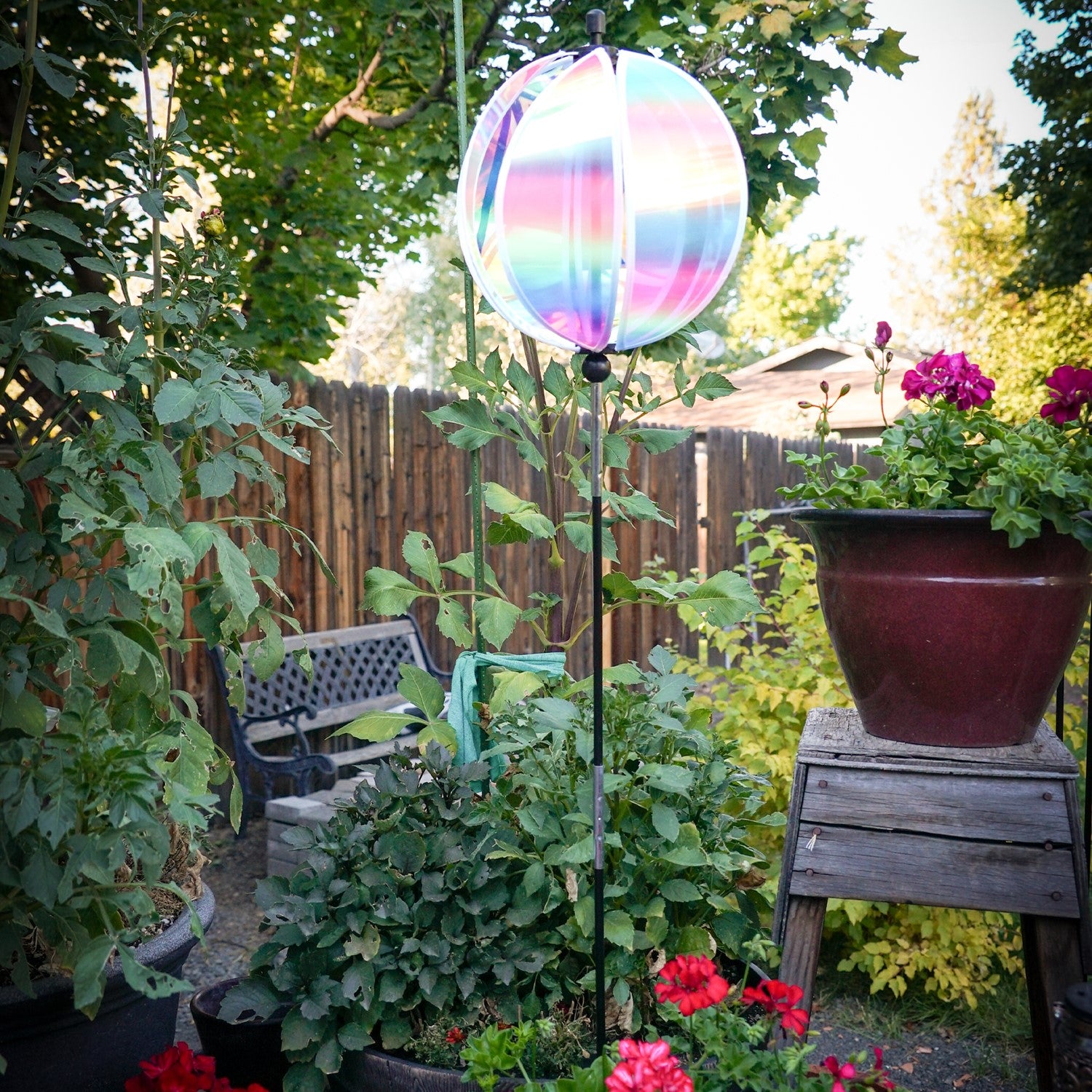 An 11" striped iridescent gazing ball displayed in a garden, featuring colorful reflections and a durable pole for stability.
