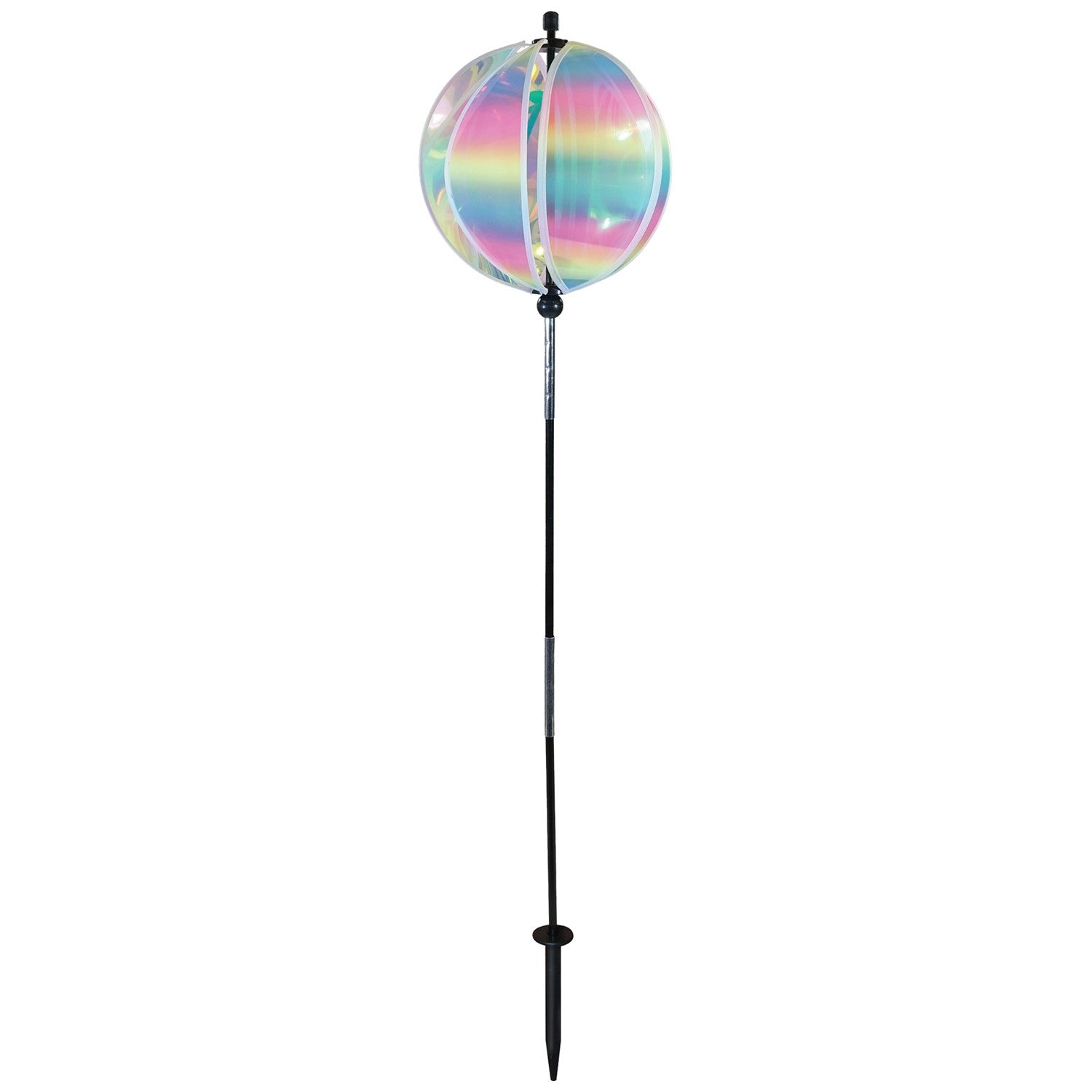 An 11" striped iridescent gazing ball displayed in a garden, featuring colorful reflections and a durable pole for stability.