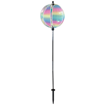 An 11" striped iridescent gazing ball displayed in a garden, featuring colorful reflections and a durable pole for stability.