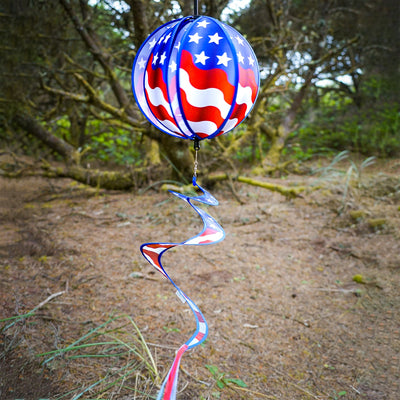 This 11" USA Flag Hanging Ball Spinner features six vibrant flag panels that spin in the wind, creating a beautiful display for any patriotic occasion.