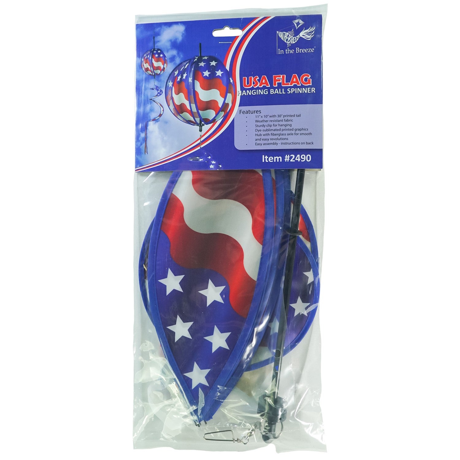 This 11" USA Flag Hanging Ball Spinner features six vibrant flag panels that spin in the wind, creating a beautiful display for any patriotic occasion.
