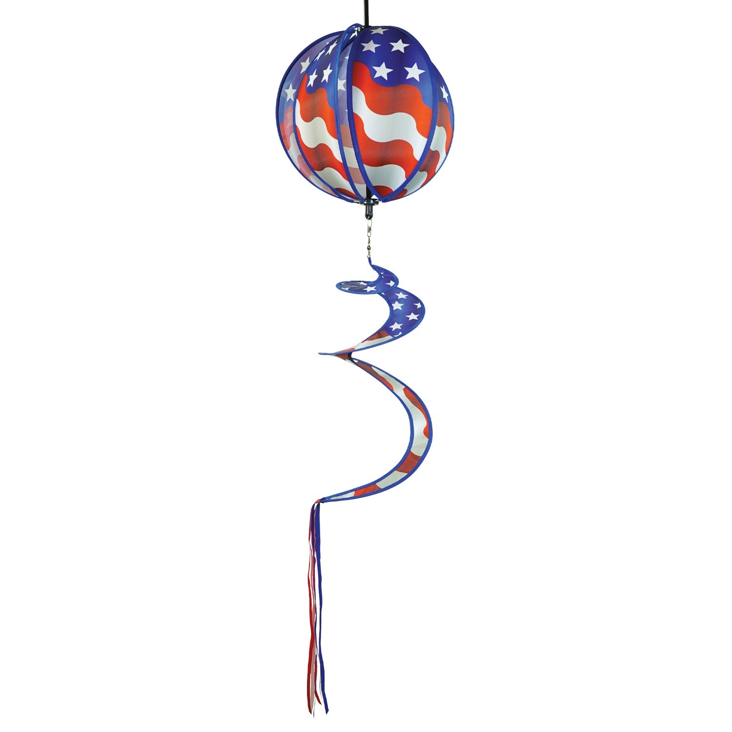 This 11" USA Flag Hanging Ball Spinner features six vibrant flag panels that spin in the wind, creating a beautiful display for any patriotic occasion.