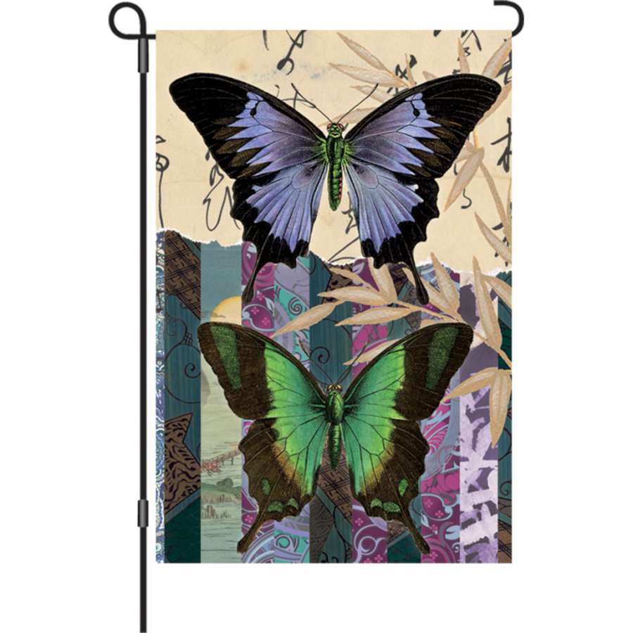 12 in. Asian Butterflies illuminated flag showing vibrant butterfly designs on durable fabric, adding charm to any garden setting.