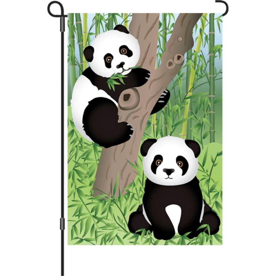 Colorful 12 in. Baby Pandas garden flag depicting adorable baby pandas displayed in an outdoor setting, ideal for garden decoration.