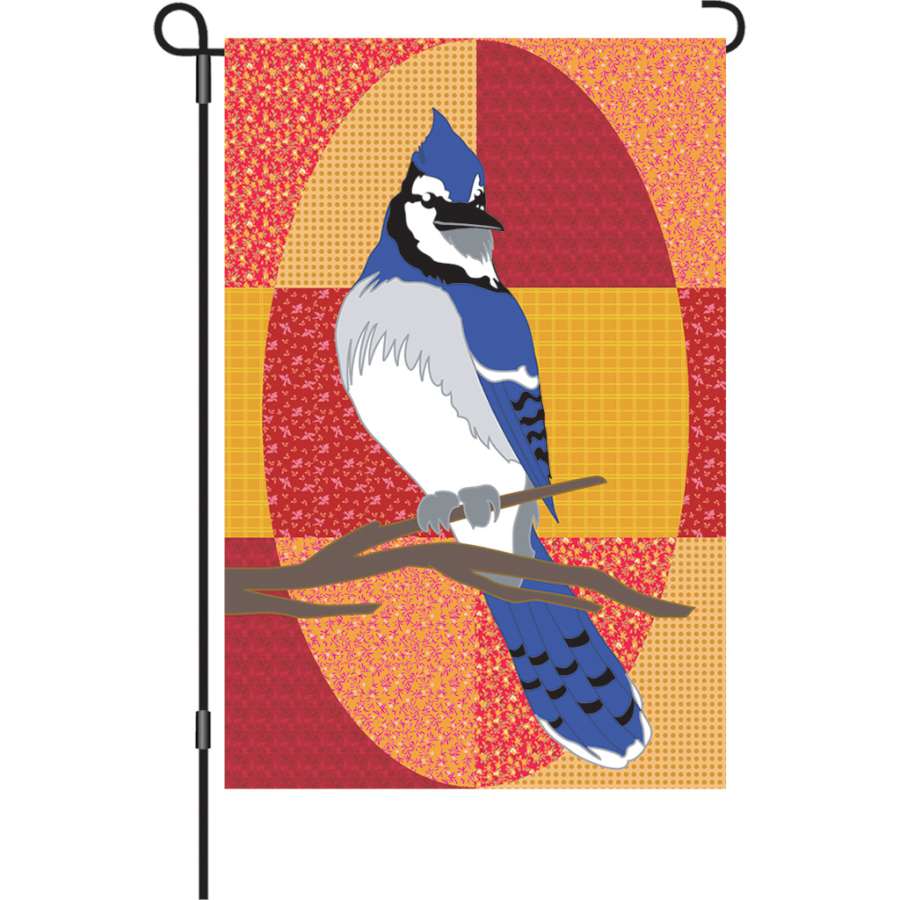 12 in. Bluejay garden flag featuring a detailed illustration of a bluejay among colorful foliage, displayed on a garden flag stand.