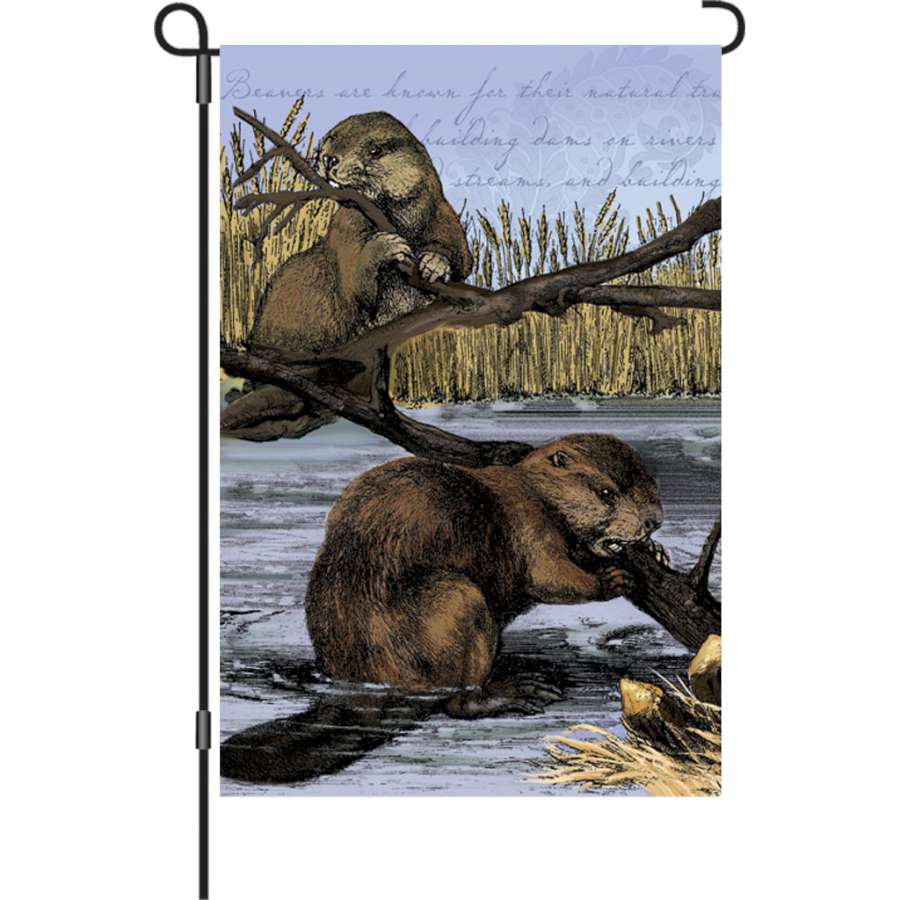 12 in. Busy Beavers garden flag displaying playful beaver designs surrounded by autumn foliage in a garden setting.