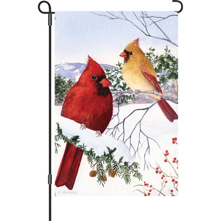 12 in. Cardinals and Hemlock garden flag displaying vibrant red cardinals among green hemlock branches, designed for outdoor use.